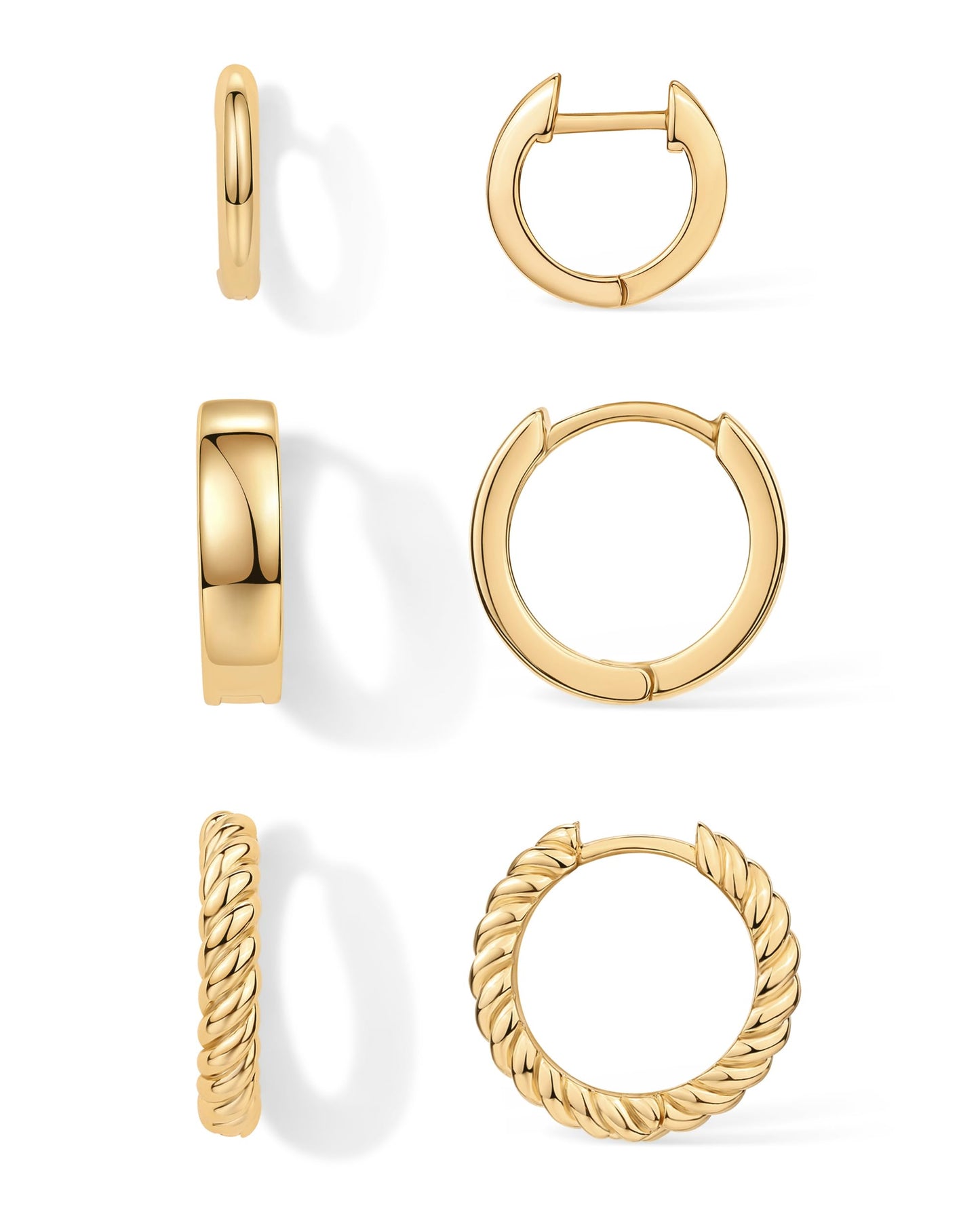 PAVOI 18K Yellow Gold Plated 925 Sterling Silver Posts 4 Pairs Small Hoop Earrings for Women - Four Gold Earring Set Plain Rope Wide Huggie Hoop Earscape Pack