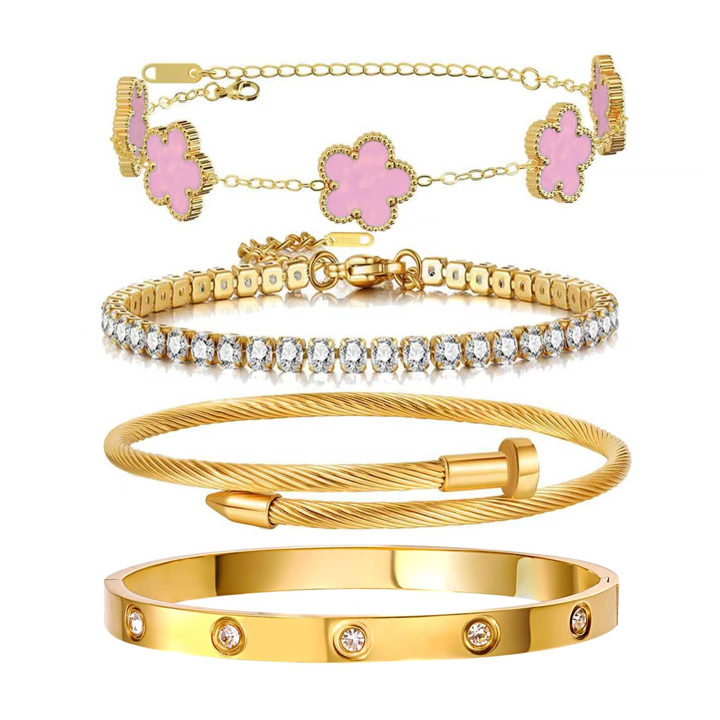 Gold Bracelets for Women, 18K Gold Plated Women Tennis Bracelets Clover Nail Love Bangle Bracelet Set, Gold Bracelet Stackable Set Trendy Jewelry, Gifts for Women's Day and Mother's Day (02-Color-pink)