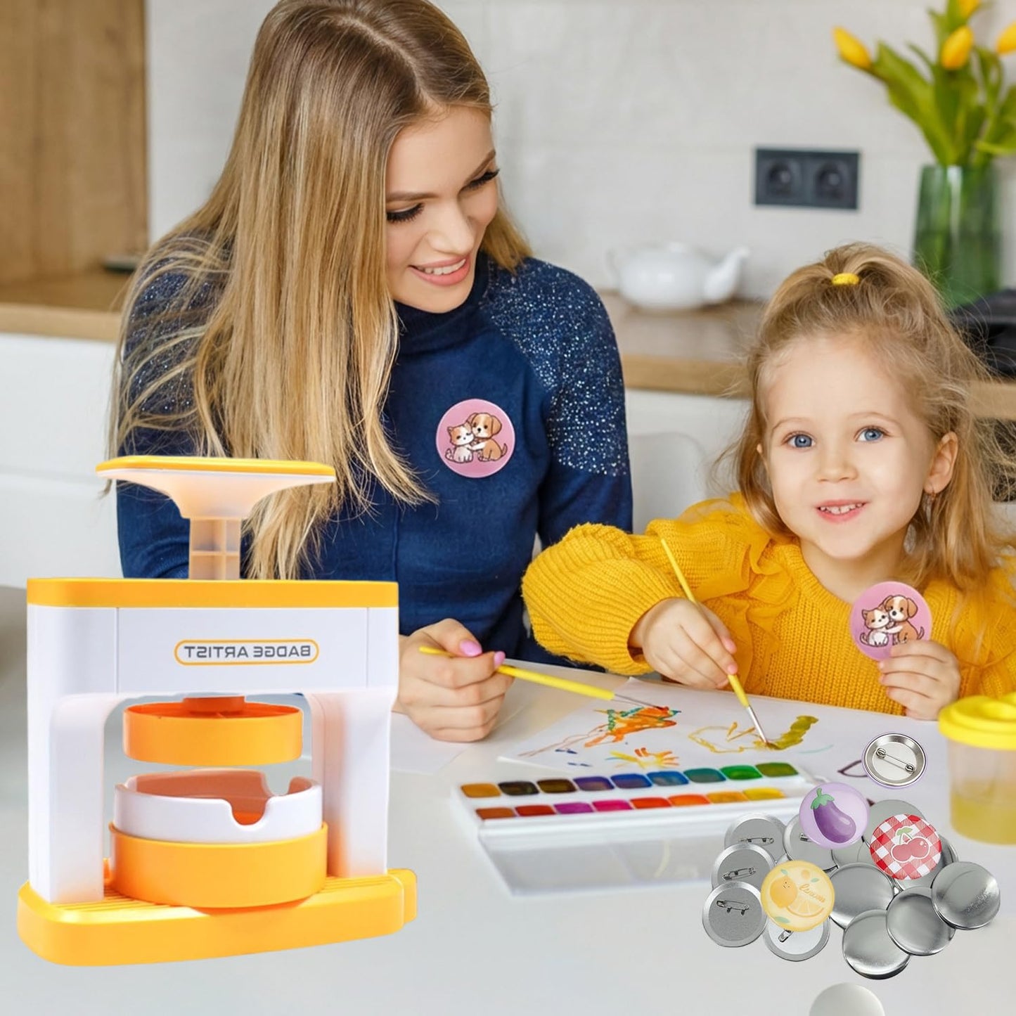 Button Maker Machine, 55mm/2.16in Pin Maker with 48pcs Button Parts and 48pcs Random Pictures Ergonomic Handle Buttons Makers for Children Gifts (5.9 x 4.9 x 2.7in)