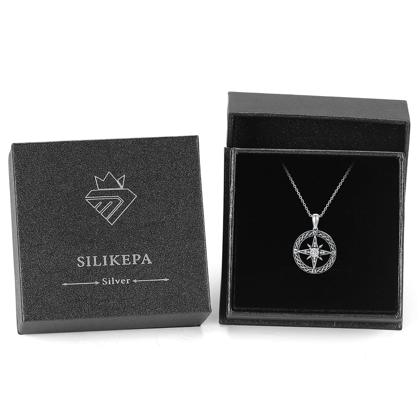 Silikepa Compass Necklace for Women 925 Sterling Silver Compass North Star Pendant Necklace with Zircon Graduation Season Jewelry Gift for Women