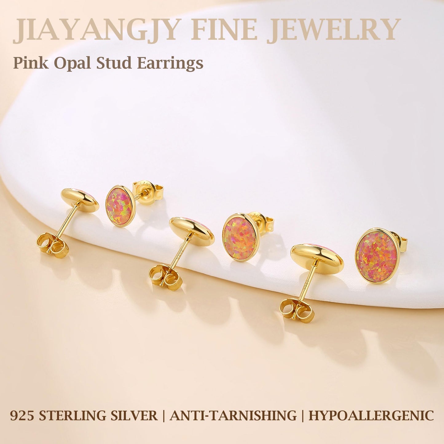 JiayangJY Silver Red Fire Opal Stud Earrings for Women 18K Yellow Gold Plated Sterling Silver Oval Shape 5mm Opal Earrings with Push Back