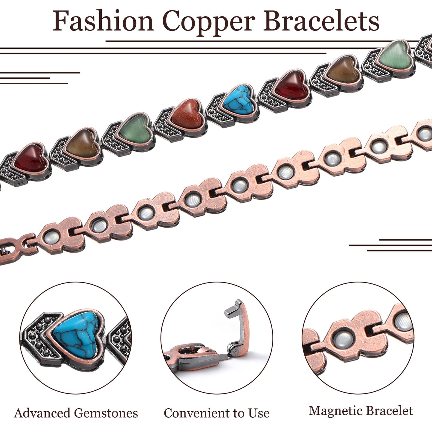 Misdary 3 Pcs Copper Magnetic Bracelets for Women Ultra Strength Magnetic Bracelet with Magnets Natural Turquoise Stones Adjustable Jewelry Gift