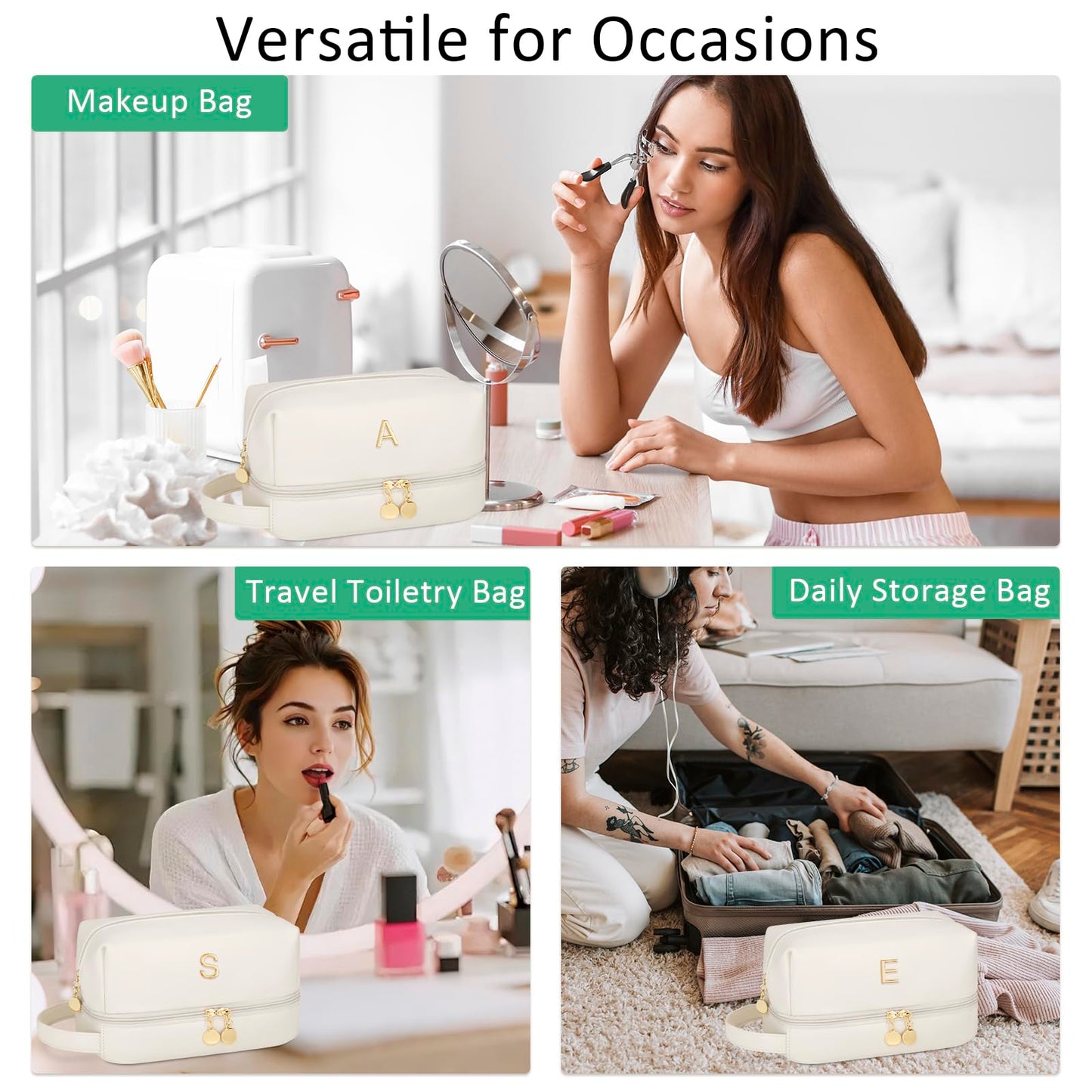 CLOUDWINGS Initial Makeup Bag for Women - Personalized Double Layer Cosmetic Bags with Makeup Brush Organizer, Hanging Travel Toiletry Bag with Large Capacity, Gifts for Mom Girlfriend Wife（Beige M）