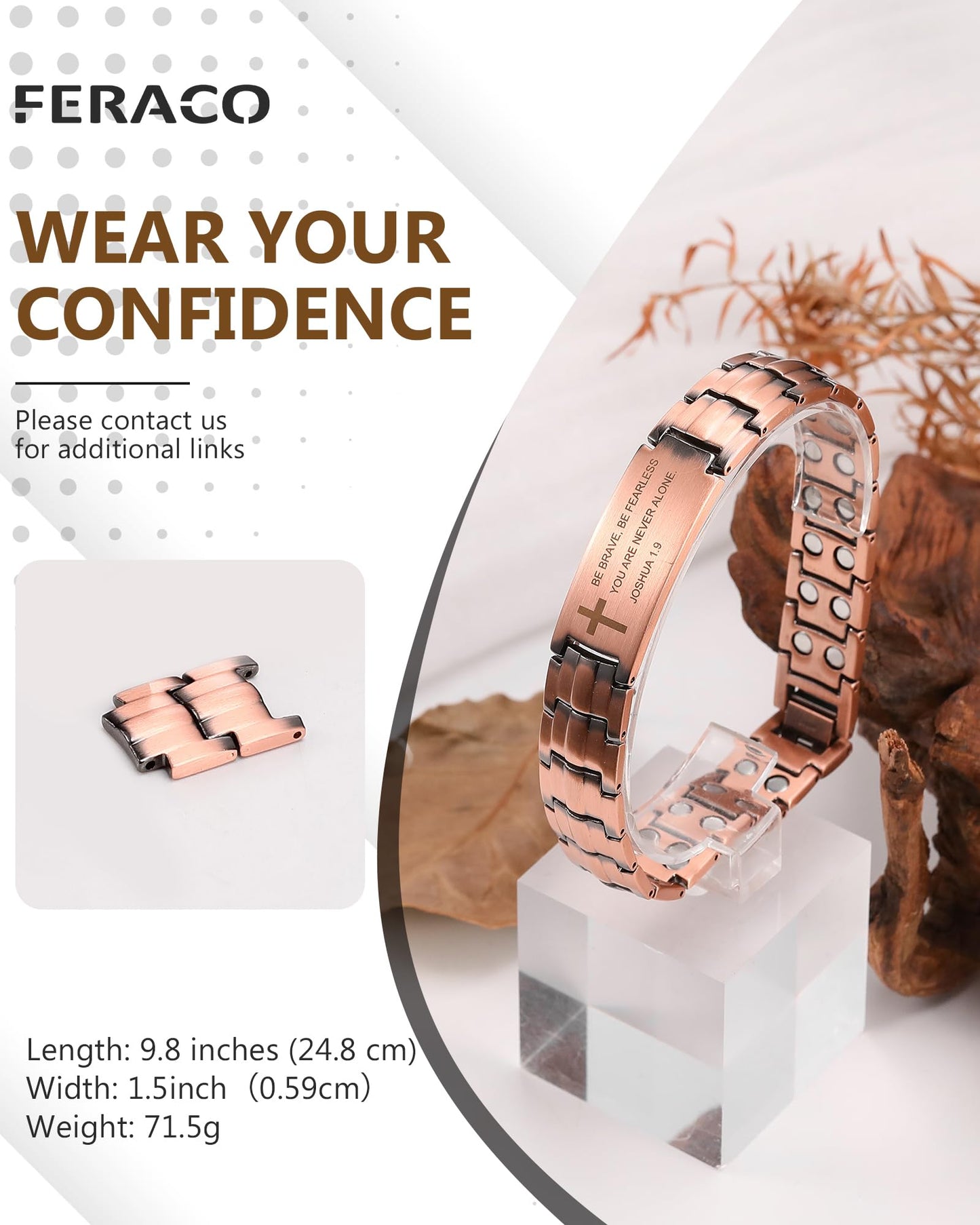 Feraco Copper Cross Bracelet for Men,Magnetic Therapy Cooper Bracelets with Magnets, Men's Christian Jewelry for Anniversary Father's Day