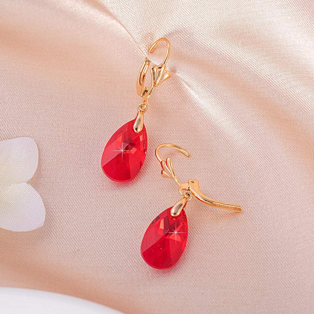Austrian Crystal Teardrop Leverback Dangle Earrings for Women Fashion 14K Gold Plated Hypoallergenic Jewelry (Red)