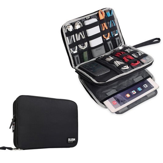 BUBM Double Layer Electronics Organizer/Travel Gadget Bag For Cables,Memory Cards,Flash Hard Drive and More,Fit For iPad Or Tablet(Up To 9.7")--Large, Black