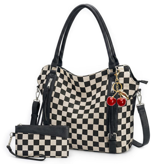 Checkered Crossbody Bag, Checkered Purse, Large Capacity Shoulder Bag, Handbag with Wallet and Cherry Charm