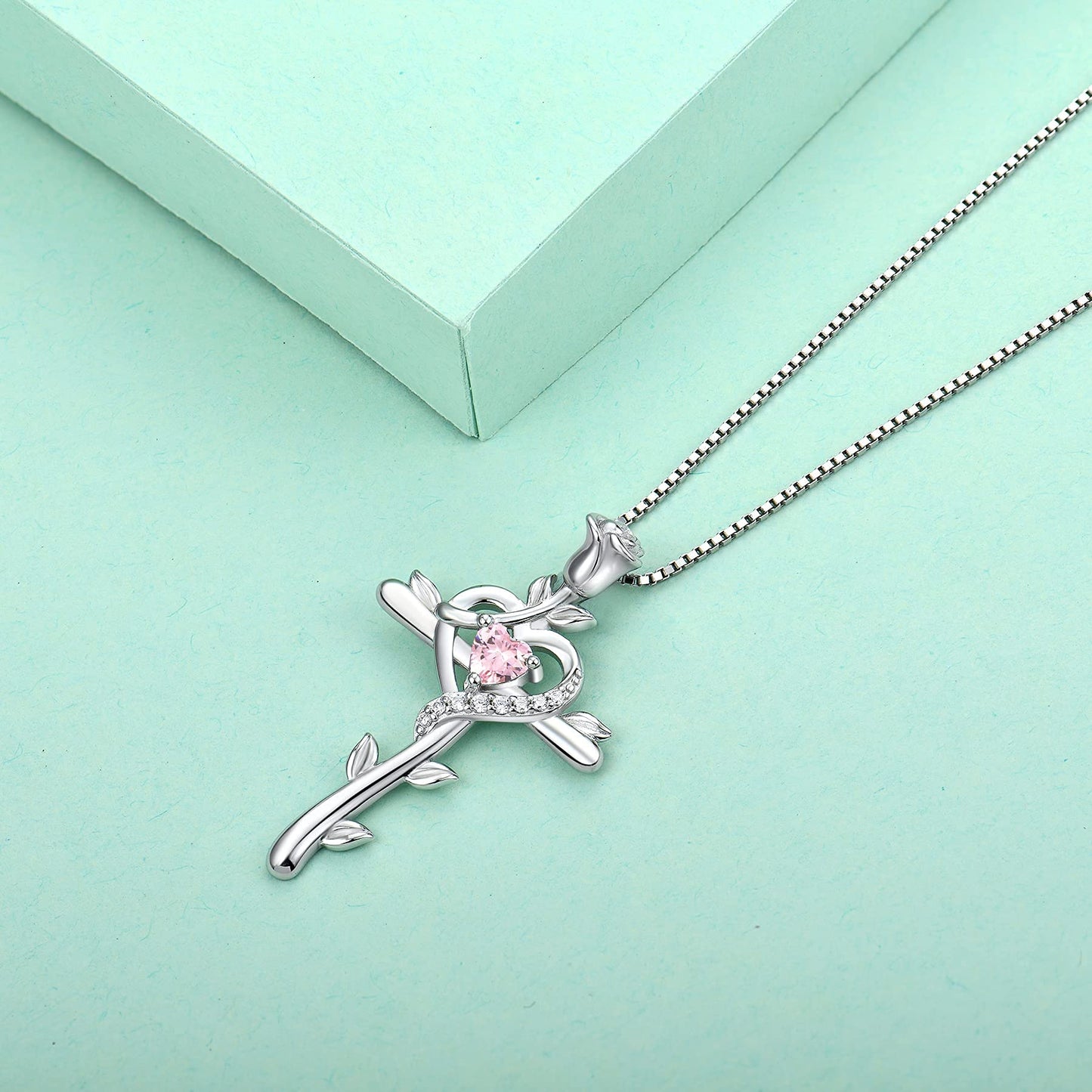 STARCHENIE Rose Cross Necklace 925 Sterling Silver Heart Crucifix Pendant Created Pink Tourmaline Jewelry for Women