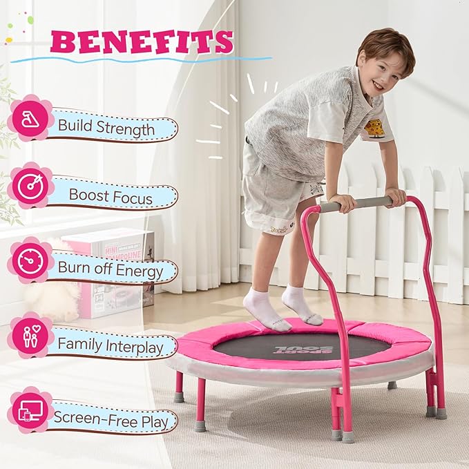 SPORTSOUL Mini Trampoline for Kids 3-6 with Super Safe Foam Handle Bar, 3ft Toddler Trampoline Indoor with No-Gap Cover for Indoor and Outdoor