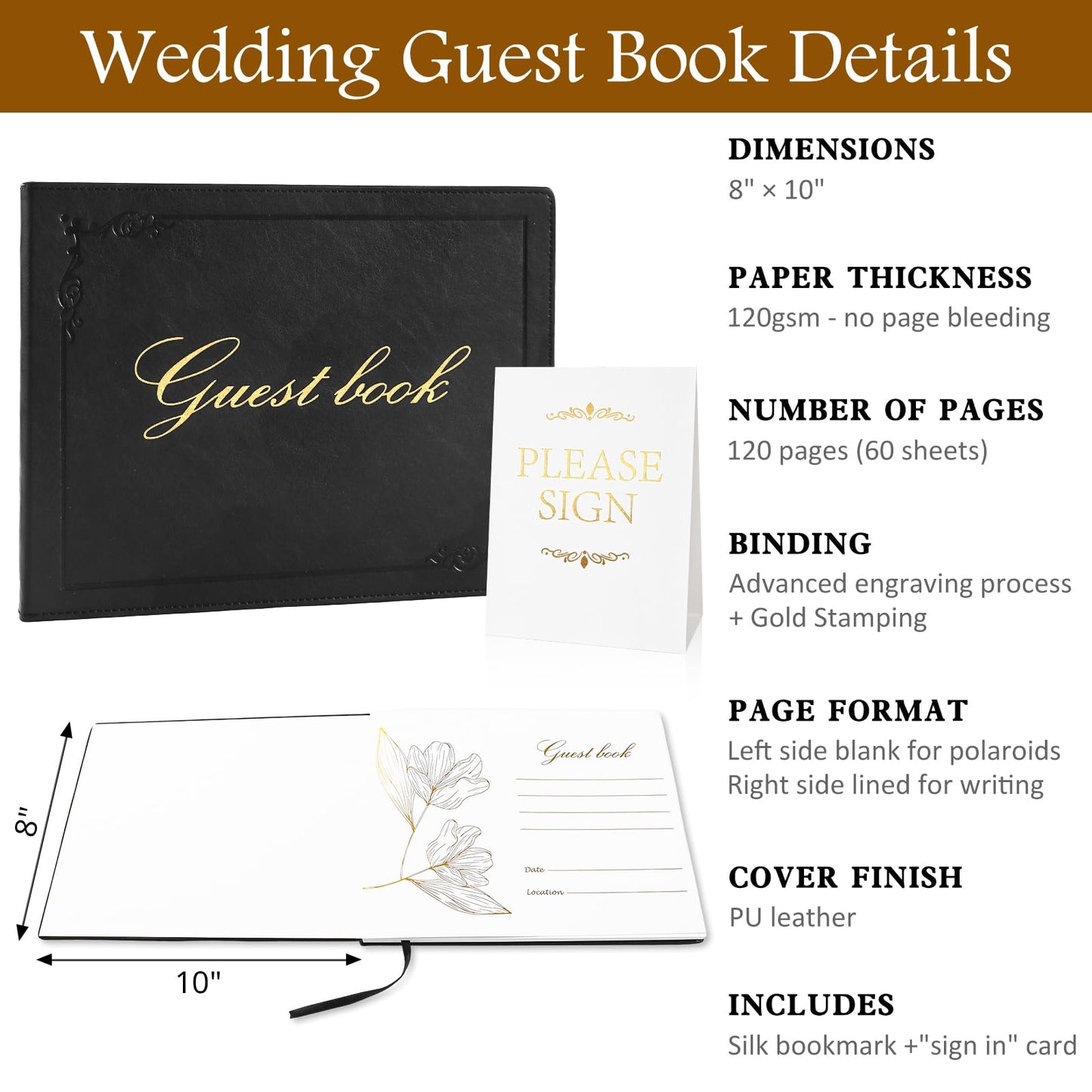 Rolarhola 8x10 Leather Guest Book and Standup Sign Set, Gold Foiled Cover Registry Book for Wedding Reception, Retirement Party, Vacation Homes and Events, 120 Pages (Black)