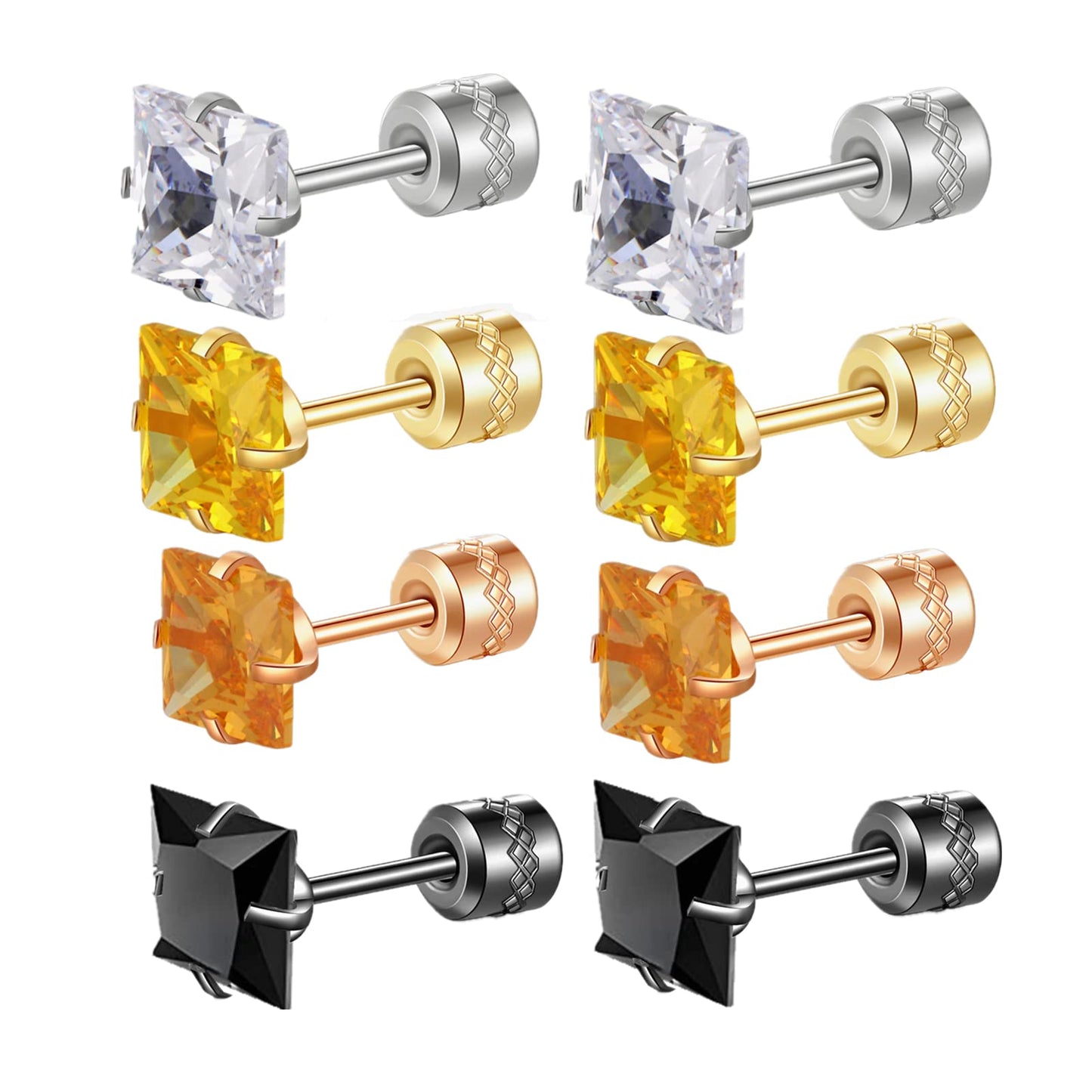 Hopply 4 Pairs Titanium Screw Back Surgical Stainless Steel Earrings for Women Men,Rainbow 5A Cubic Zirconia Studs Double Side Earrings Piercing Sleeper Jewelry 6mm (B-4 Packs Square CZ)