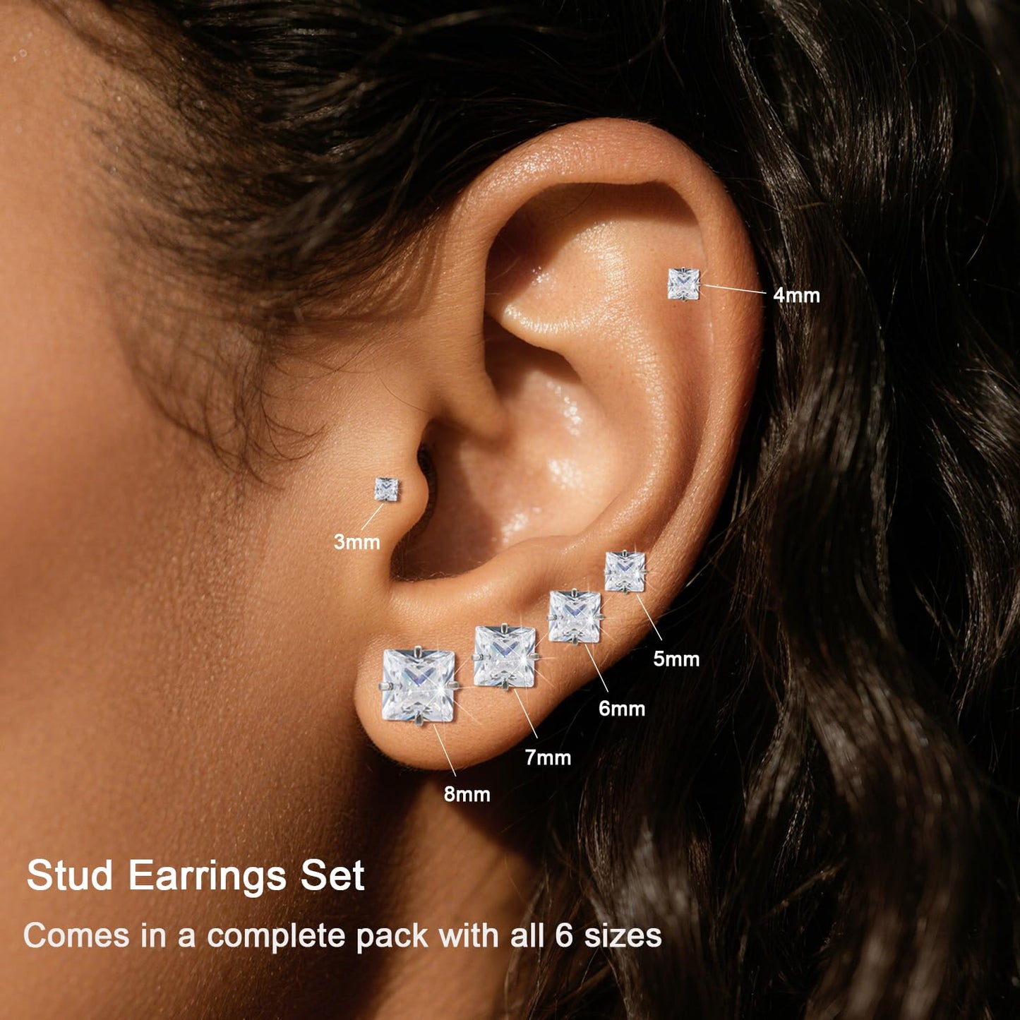 6 Pairs Square Earrings, Princess Cut Earrings Set for Men Women, Hypoallergenic Surgical Steel Silver Clear Cubic Zirconia Stud Earrings for Multiple Piercing Sensitive Ears CZ Size 3-8mm