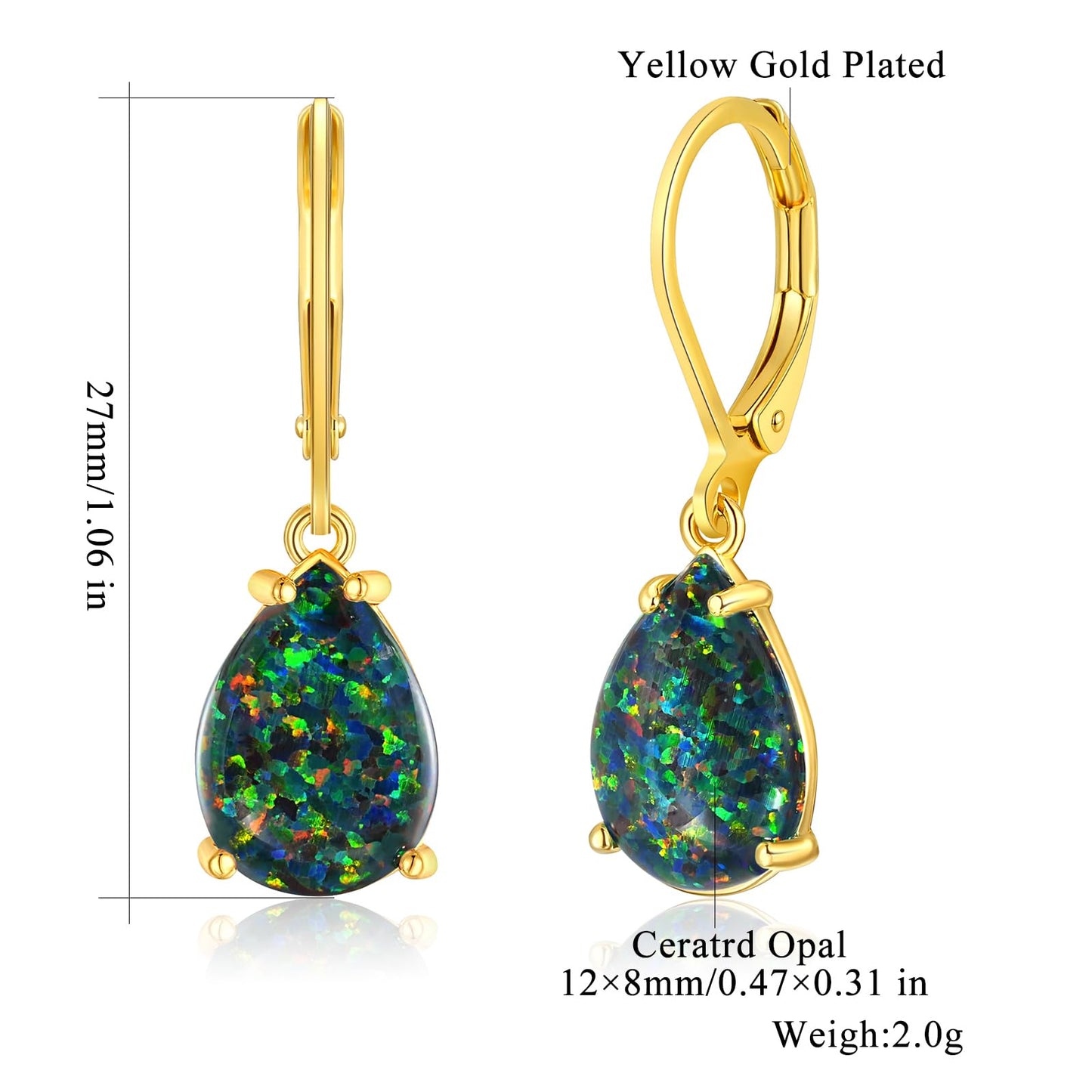 CiNily Teardrop Leverback Dangle Earrings for Women Hypoallergenic Green Black Opal Pendant Drop Earrings 14K Gold Hanging Lever Earrings Graduation Party Jewelry Gifts