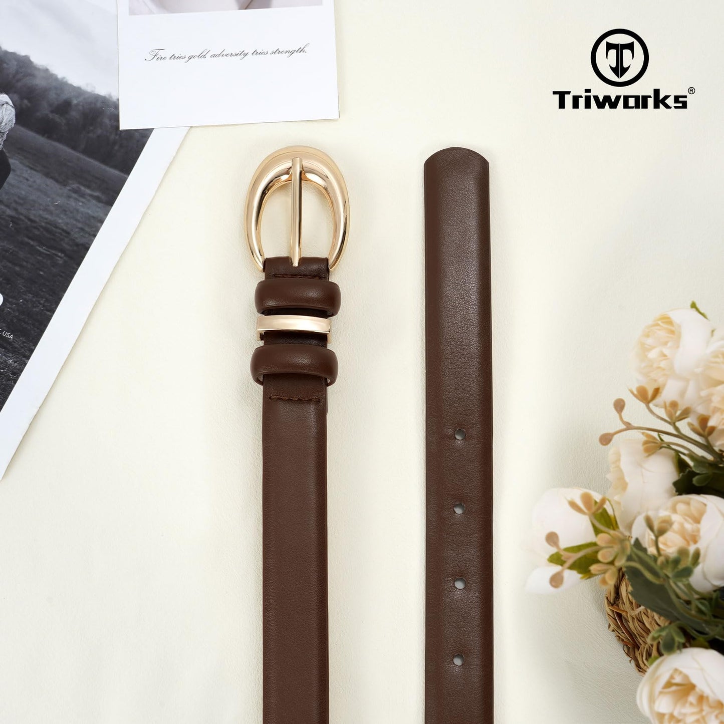 TRIWORKS Women Leather Belt for Jeans Pants Fashion Ladies Skinny Faux Leather Dress belt with Gold Buckle