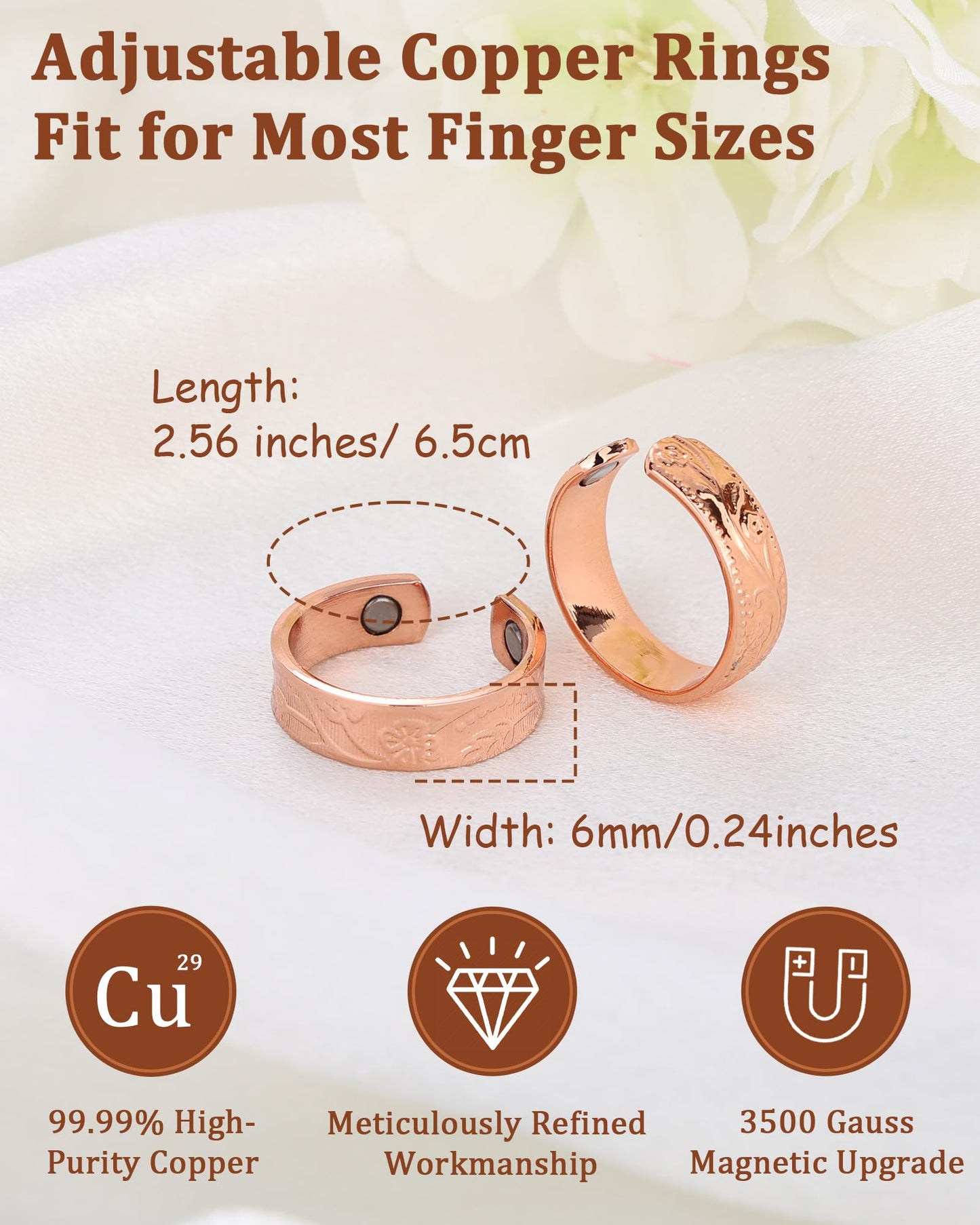 BioMag Copper Rings for Women, 99.99% Pure Copper Magnetic Rings Thumb Rings for Lymphatic Drainage, Adjustable Jewelry Gifts for Women (Rose Gold-2pcs)