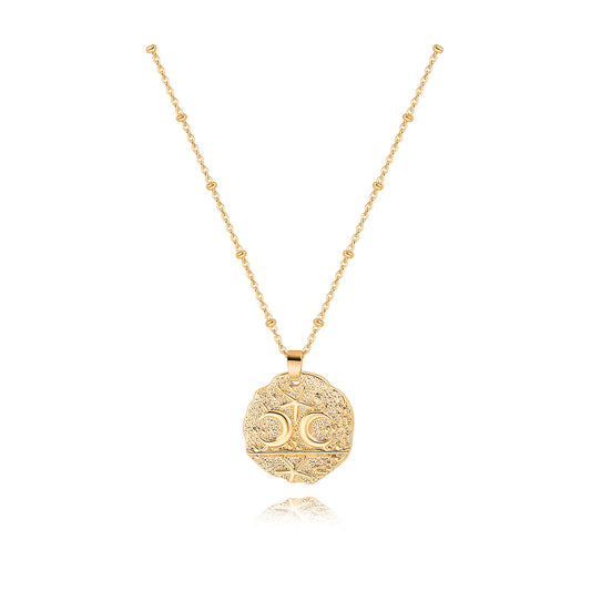 CANEVINKA 18K Gold Plated Moon and Star Medallion Beach Starfish Pendant Necklace for Women Dainty Hammered Coin Bead Chain Necklace 20”