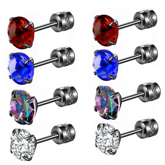 Hopply 4 Pairs Titanium Screw Back Surgical Stainless Steel Earrings for Women Men,Rainbow 5A Cubic Zirconia Studs Double Side Earrings Piercing Sleeper Jewelry 6mm