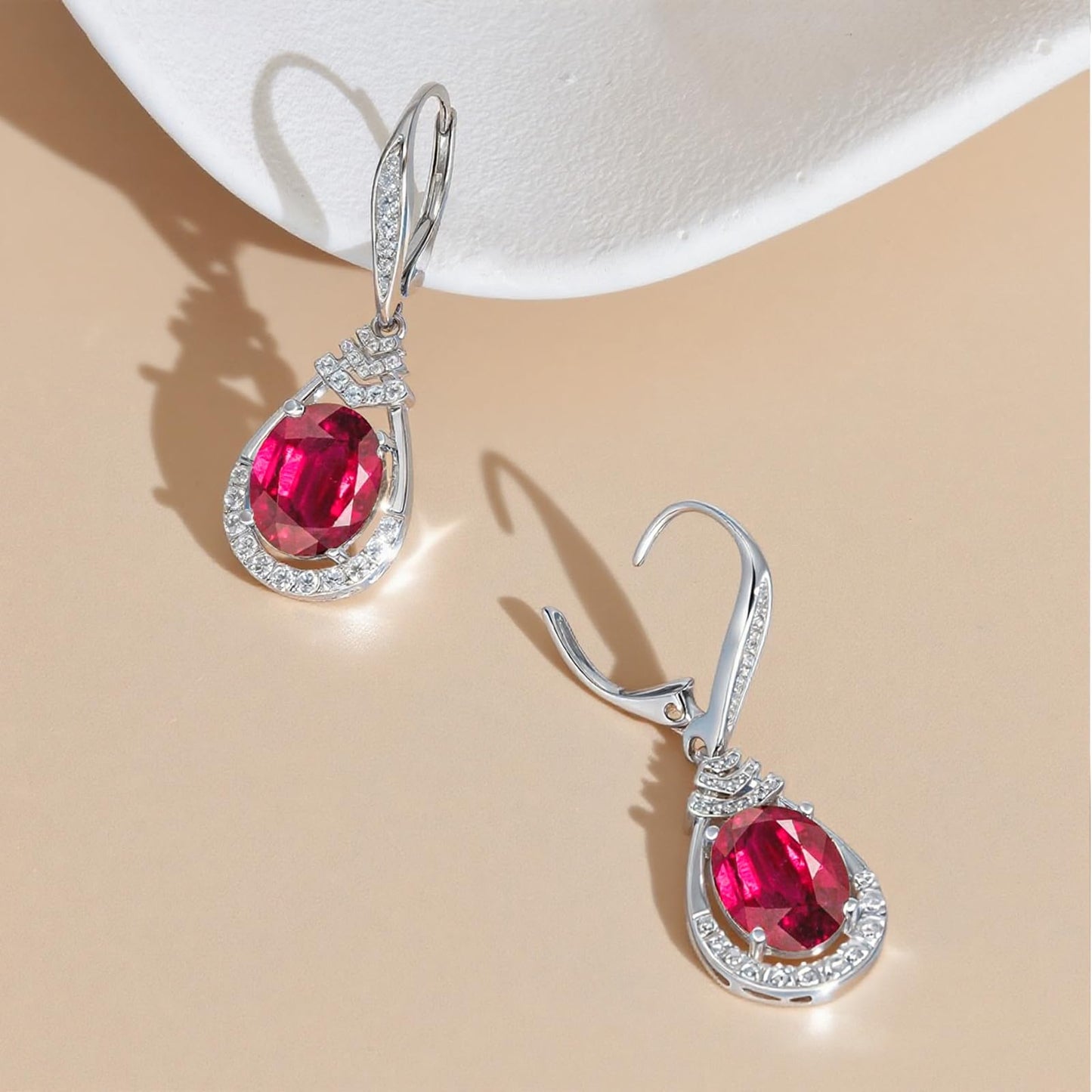 Red Ruby Dangle Earrings July Birthstone Sterling Silver Teardrop Leverback Drop Earring for Women Wedding Jewelry for the Bride Oval Cut CZ Earrings Anniversary Birthday Gifts for Wife Mom