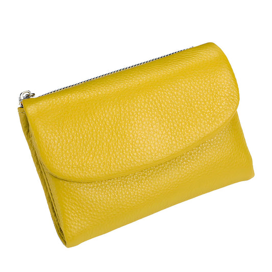 Unisex Pebble Leather Wallet, 5.3In Short Genuine Leather Coin Card Holder, Two zippered pockets, Unisex Clutch Bags, Can Hold Coins, Cards, Id Cards (Yellow)
