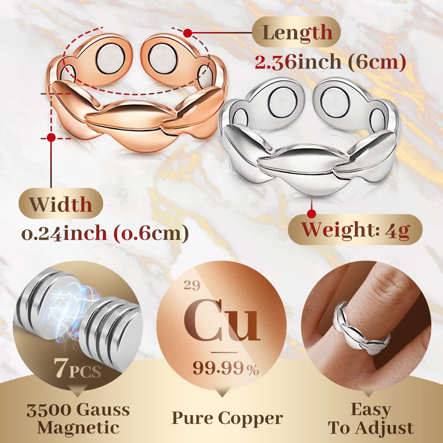 Copper Rings for Women, 99.99% Pure Copper Magnetic Thumb Ring with 3500 Gauss Magnets, Copper Jewelry Gift with Present Box(2 PCS)