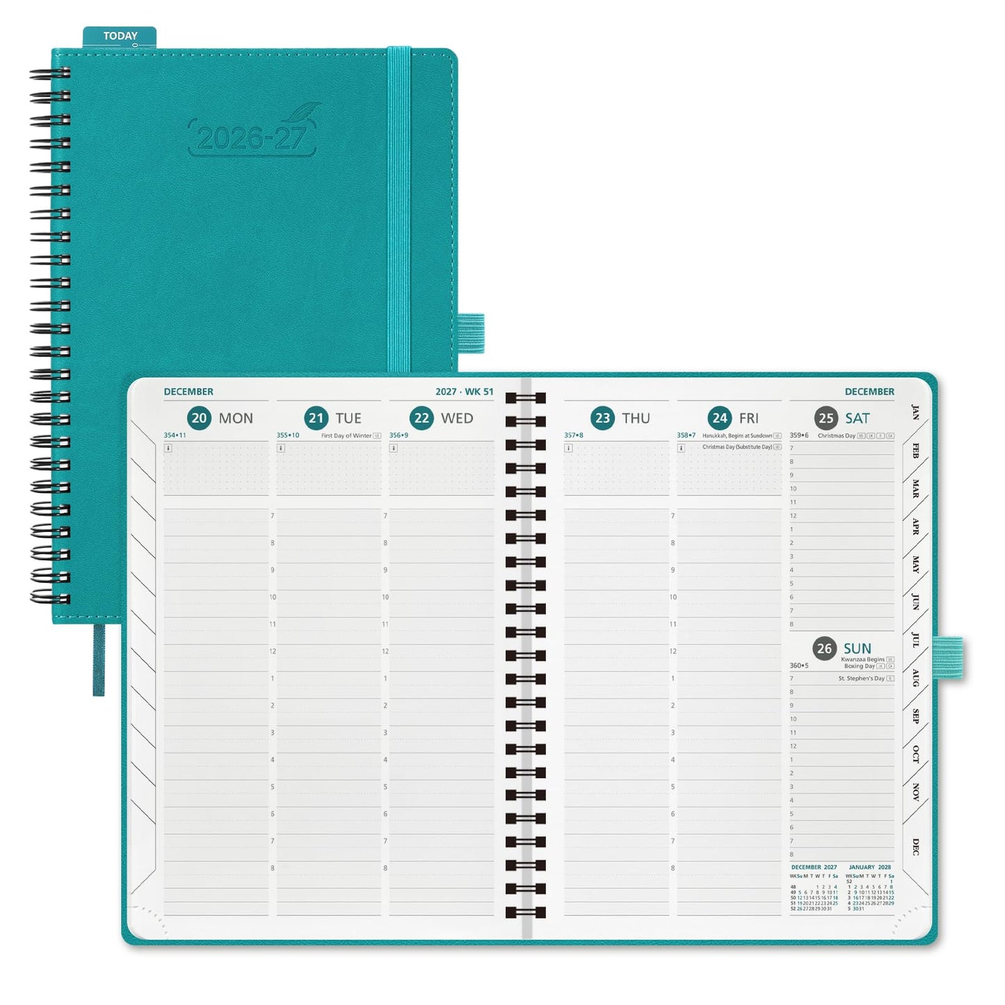 BEZEND Weekly Planner 2026-2027 (8.5" x 11") with Hourly Timeslots (Jul 26-Dec 27) 18 Months Academic Calendar & Monthly Tabs, for Students, Work & Home, Spiral PU Leather Softcover -Turquoise