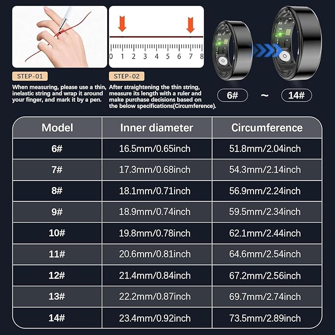 Health Tracker Ring, Smart Health Ring for Women Men with Heart Rate, Blood Oxygen, Sleep Monitor, Steps,Calories, No Subscription Fee, IP68 Waterproof Smart Ring for iPhone & Android (Black, 9#)