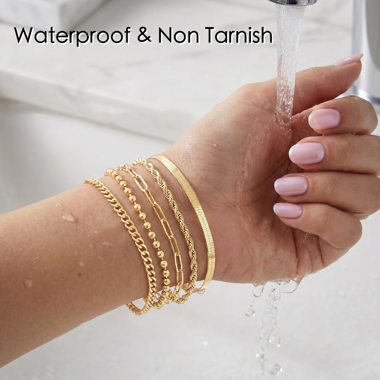 Gold Bracelets for Women Stack Non Tarnish, 14K Gold Plated Stackable Bracelets Set for Women Trendy, Waterproof Simple Jewelry Sets Gifts Inclued Beaded/Cuban/Paperclip/Herringbone/Rope Link Chian, Fashion Accessories