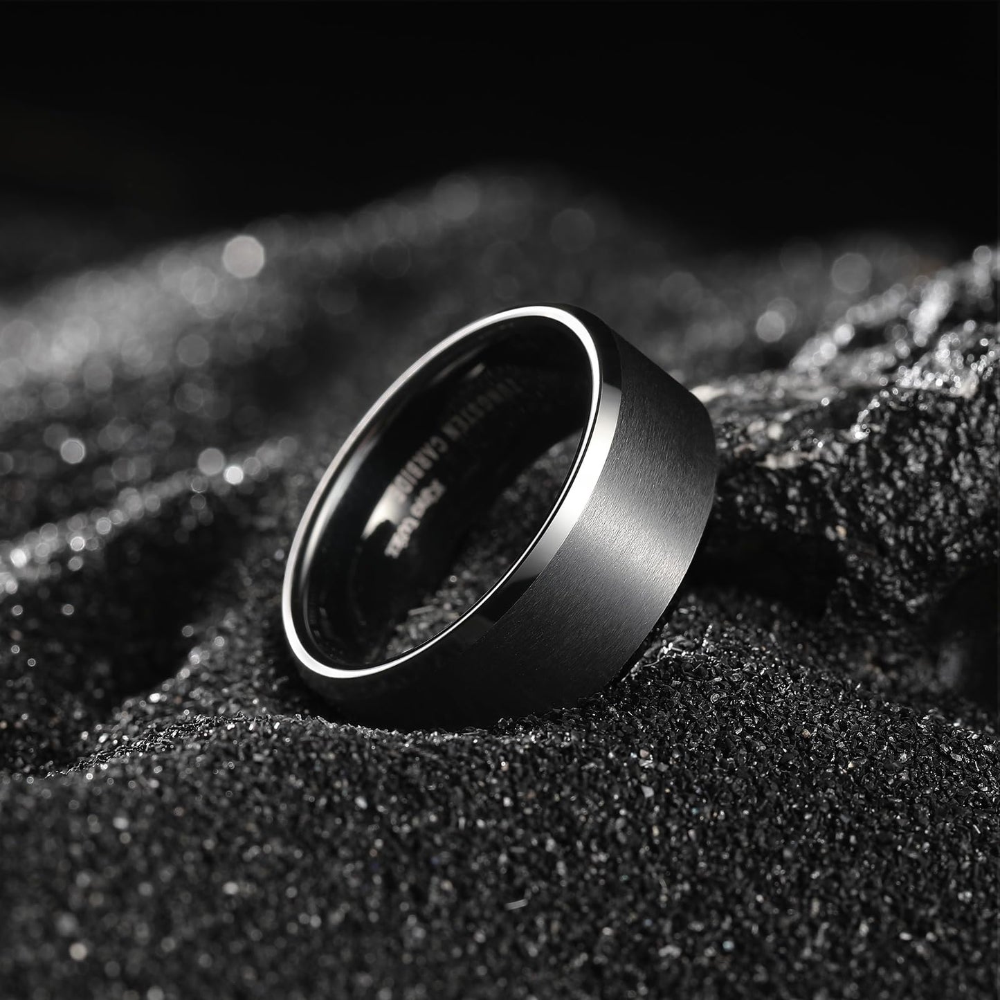 King Will 8mm Men's Black Wedding Ring - Brushed Matte Surface, Beveled Polished Edge, Comfort Fit Size 16