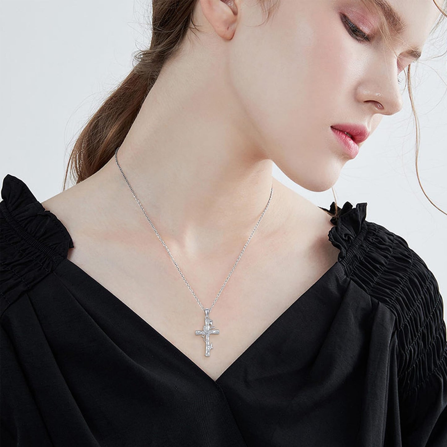 AXOMY Butterfly Necklace for Women 925 Sterling Silver Cross Butterfly Pendant Rose Necklace Cross Jewelry Gifts for Mom Wife