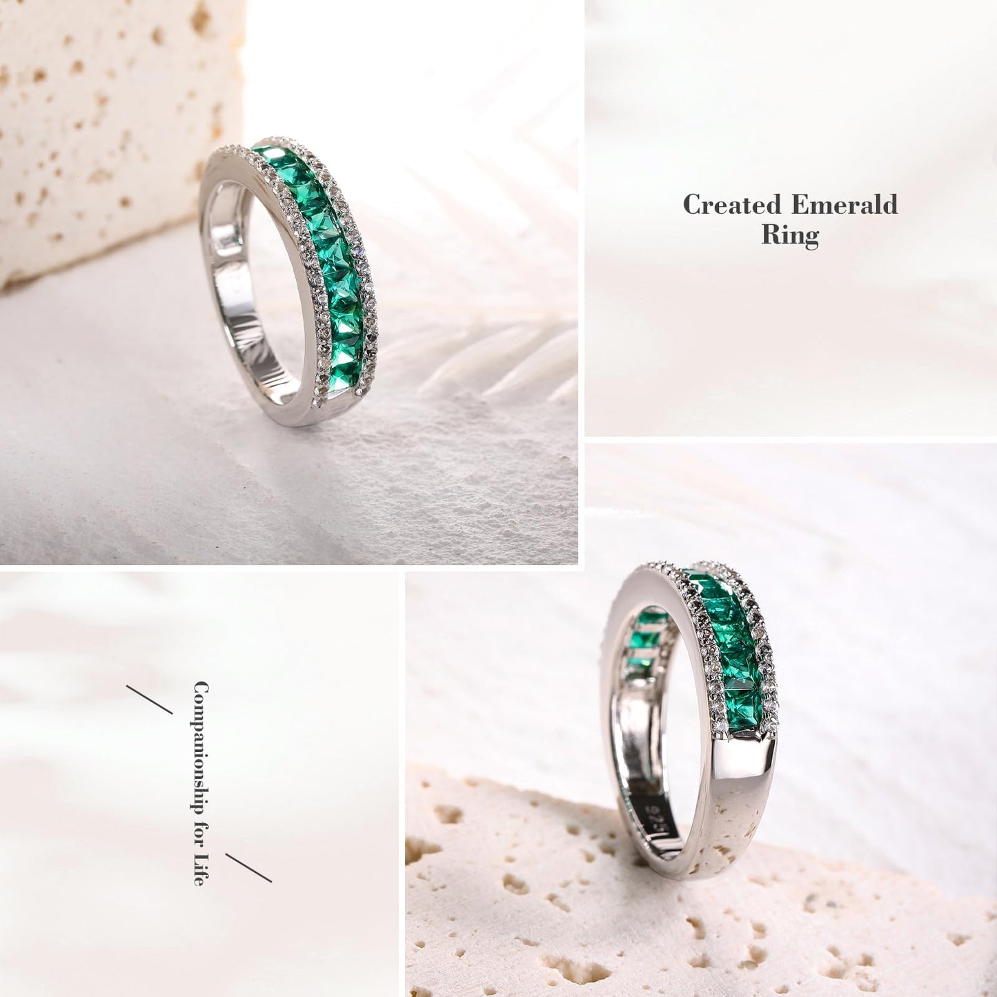 RANDES Womens Emerald Ring Channel Set Wedding Band White Gold Plated Sterling Silver Princess Cut 5mm Thick Eternity Rings Green Stone Ring Size 9
