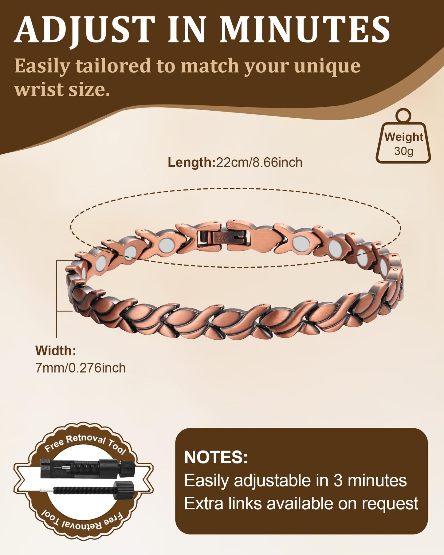 Fashtour 99.99% Pure Copper Magnetic Bracelet and Ring Set for Women, Heart Wire Design Adjustable Jewelry with 3800 Gauss Magnets, Elegant Gift Box (vintage)