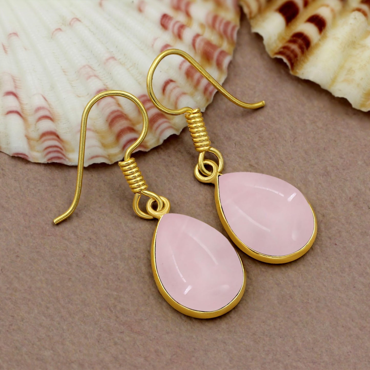 Natural Rose Quartz 14K Yellow Gold Plated Dangle Earrings for Women - January Birthstone Teardrop Shape Pink Gemstone Handmade Earrings - Gifts for Her Mom Wife Sister