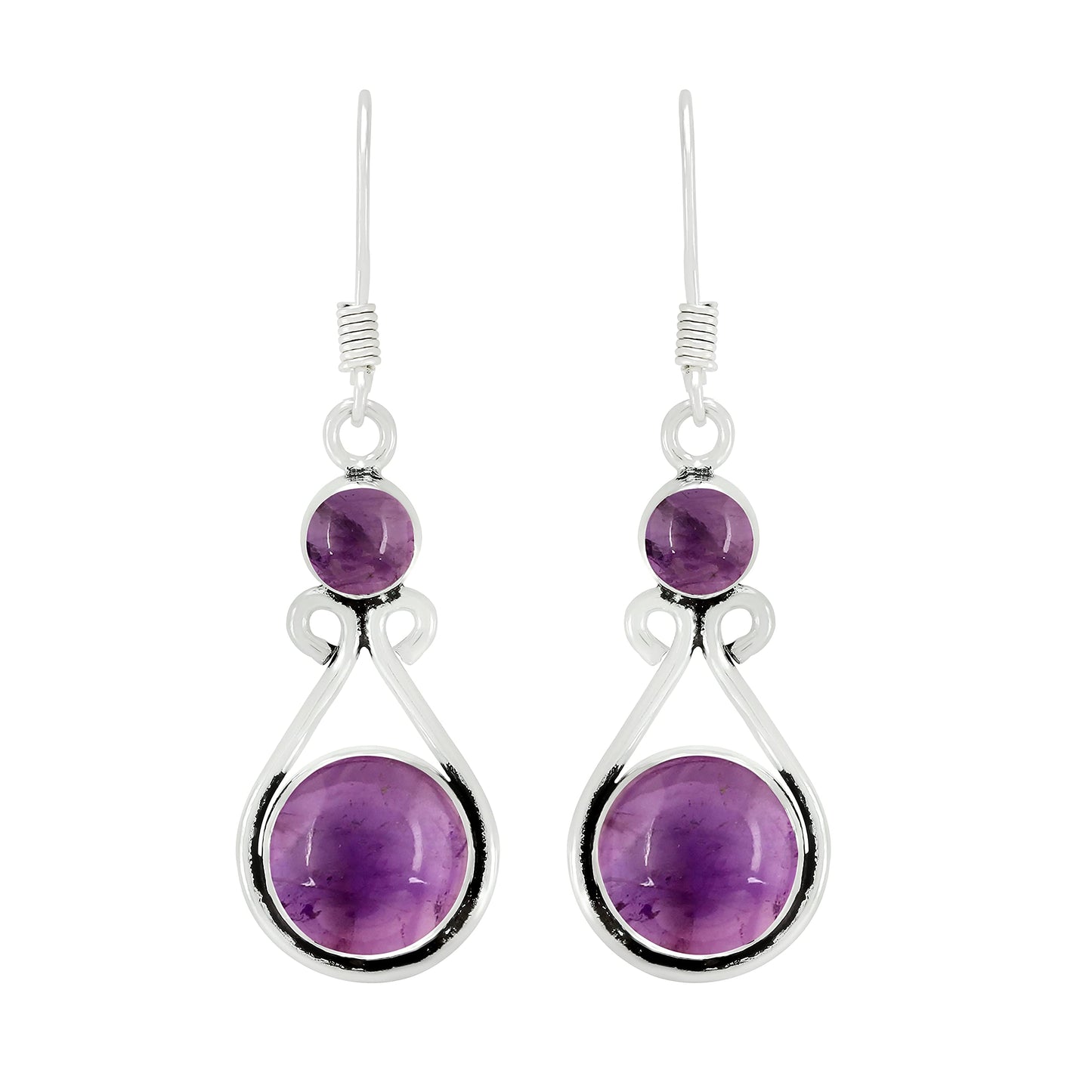 Natural Amethyst Silver Plated Dangle Earrings for Women - February Birthstone Round Gemstones Drop Earrings Handmade Jewelry - Valentine's Day Gift for Love