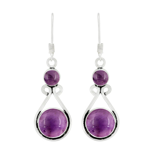 Natural Amethyst Silver Plated Dangle Earrings for Women - February Birthstone Round Gemstones Drop Earrings Handmade Jewelry - Valentine's Day Gift for Love