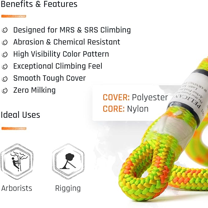Pelican Rope Arborist Rope 11.8mm x 120Ft, USA Made High-Strength 24-Strands Static Climbing Rope - 5,400 lb Strength for Tree Climbing, Pulling, Outdoors & Swing - Viper, Tight Spliced Eye