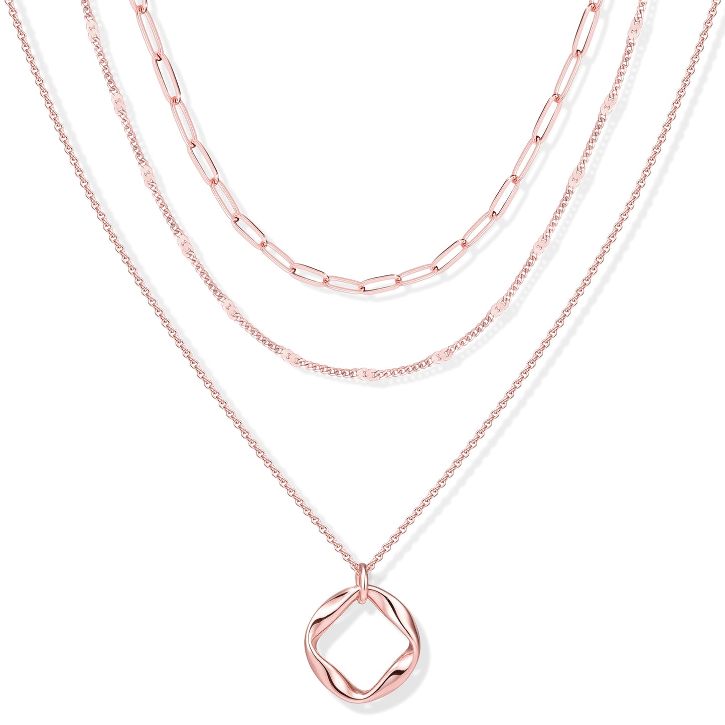 Poxtex Rose Gold Layered Necklaces for Women, Rose Gold Plated Dainty Stackable Choker Necklaces for Women, Trendy Layering Geometric Pendant Paperclip Chain Thin Necklace Jewelry Set Gifts
