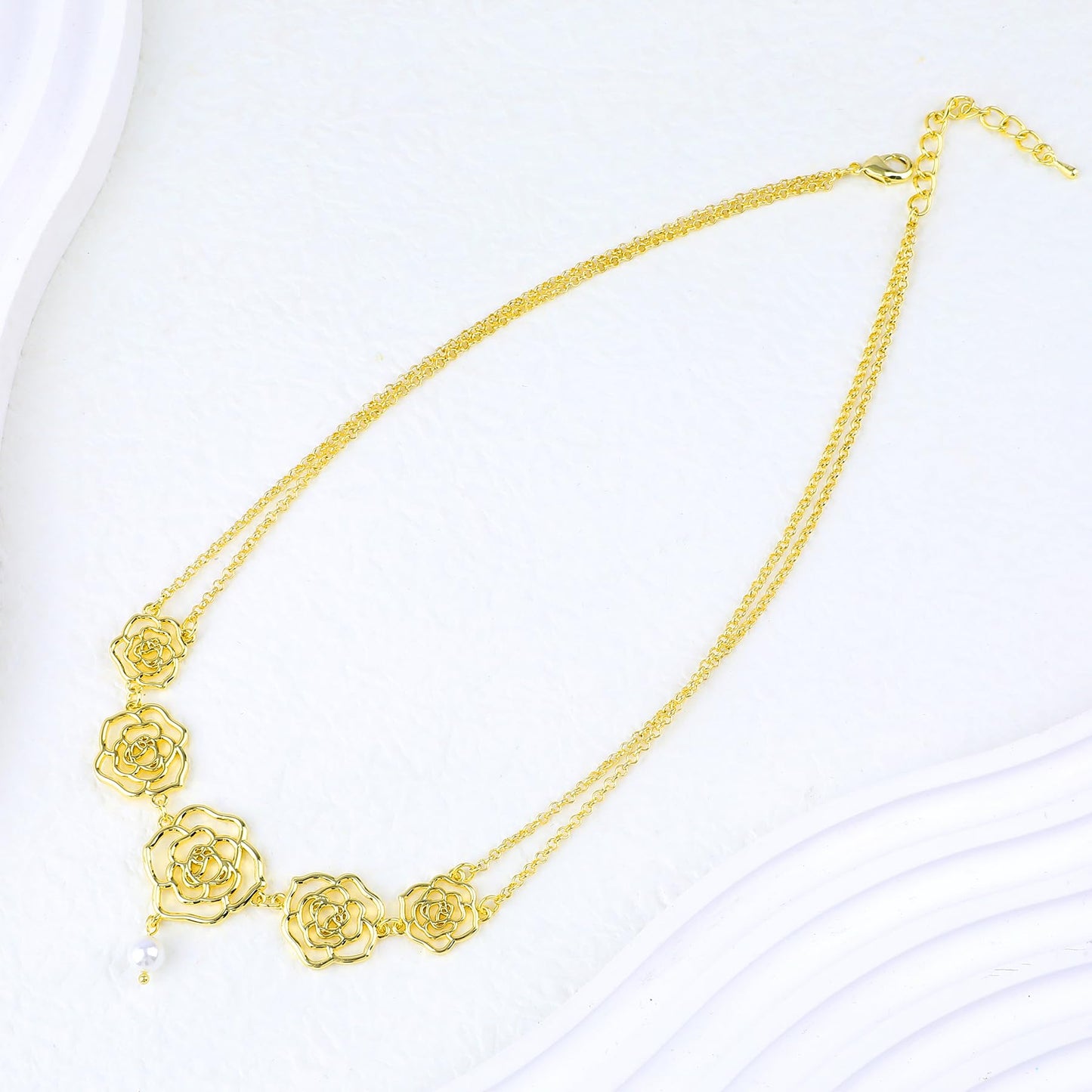 Rose Charm Necklace for Women, Romantic Double Chain Necklace with Hollow Rose Design and Glass Pearl Pendant, Elegant Gifts for Weddings, Dates, and Special Occasions