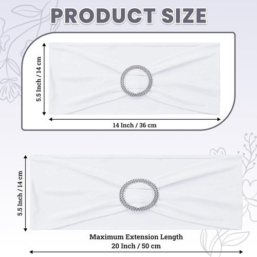 MDS Spandex Chair Sashes - Pack of 125 Universal Elastic Stretch Ties with Buckle Slider - White