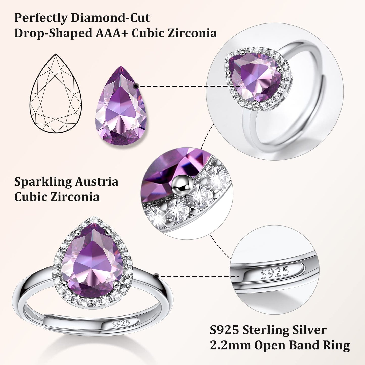Bestyle Flattering June Alexandrite Teardrop Crystal Rings Halo Cubic Zirconia Rings for Women Dainty 925 Sterling Silver Hypoallergenic Adjustable Rings, Size #6-#12