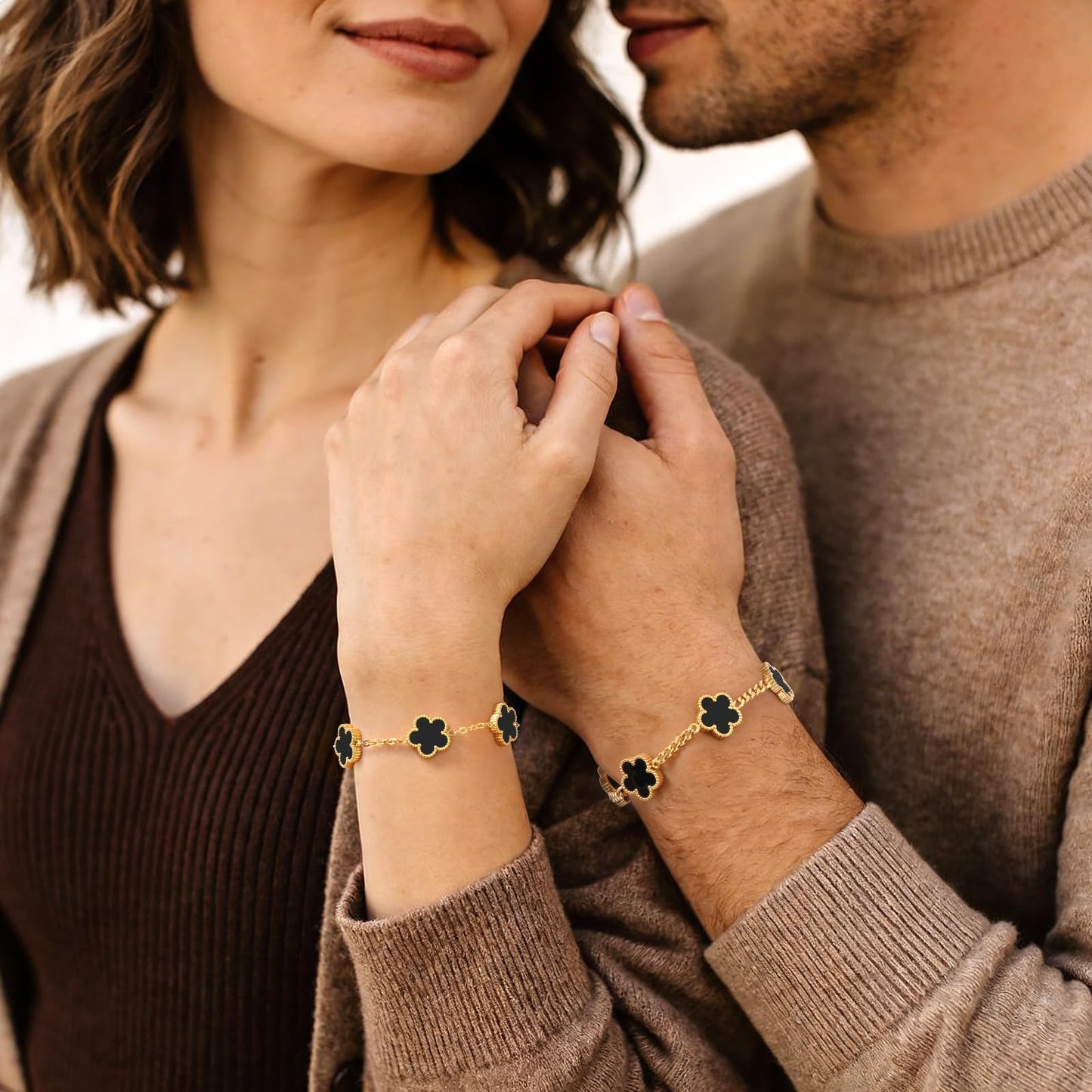 VNOX 2 PCS Floral Bracelets for Men Women -Womens Mens Stainless Steel Gold Cuban Chain Link Bracelet Lucky Charm Four Clover Flower Bracelets Trendy Jewelry Gifts，7