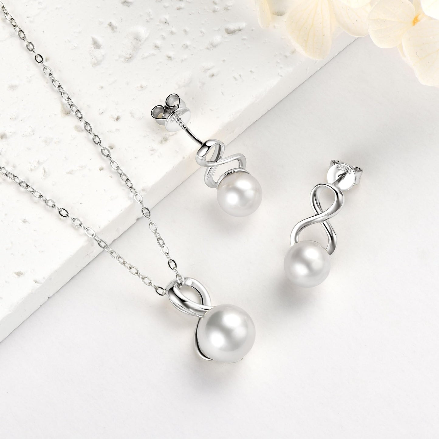 DENGGUANG Pearl Necklace and Earring Set for Women, 925 Sterling Silver Freshwater Cultured Pearl Infinity Wedding Jewelry Anniversary Birthday Gifts for Her