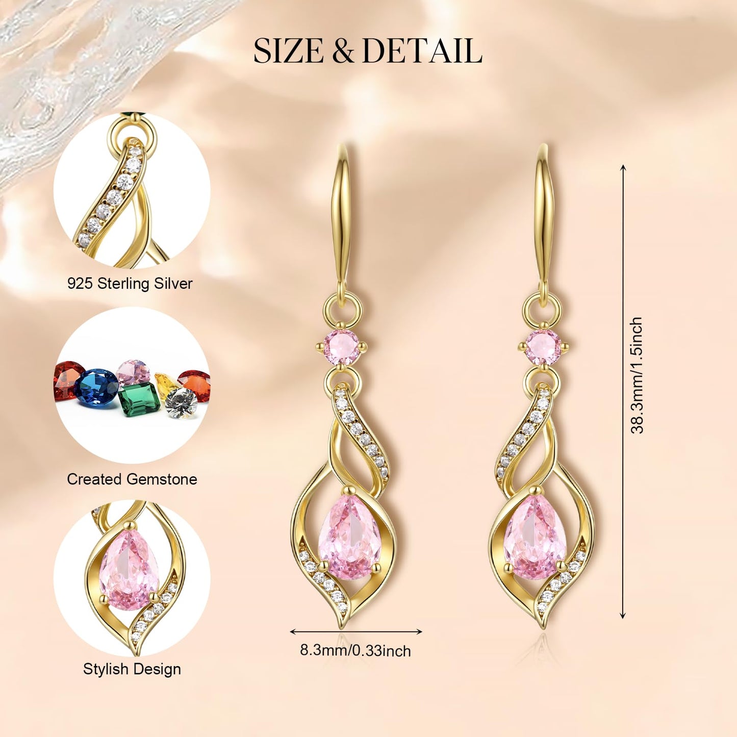 FANCIME 14K Gold Plated October Birthstone Dangle Earrings for Women Teardrop Pink Tourmaline Dangle Earrings S925 Sterling Silver infinity Love Birthday Gifts for Mom Women