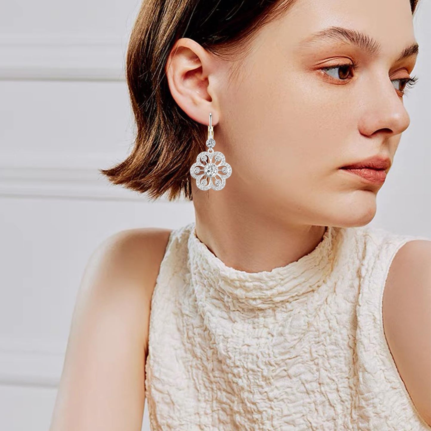 JNONL Vintage Silver Sparkly Crystal Camellia Flower Leverback Earrings Rhinestone Snowflake Round Dangle Drop Earrings for Women (Silver 5)