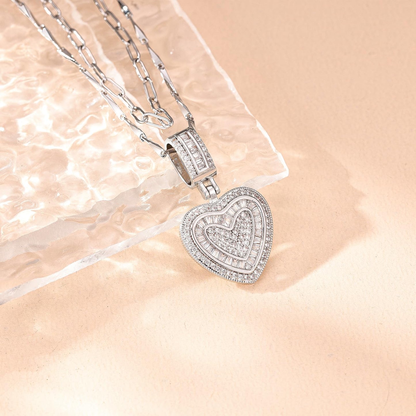 MEIITRUE Heart Necklaces for Women Trendy 14k White Gold Plated Dainty Layered Necklace Set Cubic Zirconia Love Pendant Choker Thin Paperclip Chain Stackable Jewelry Gift