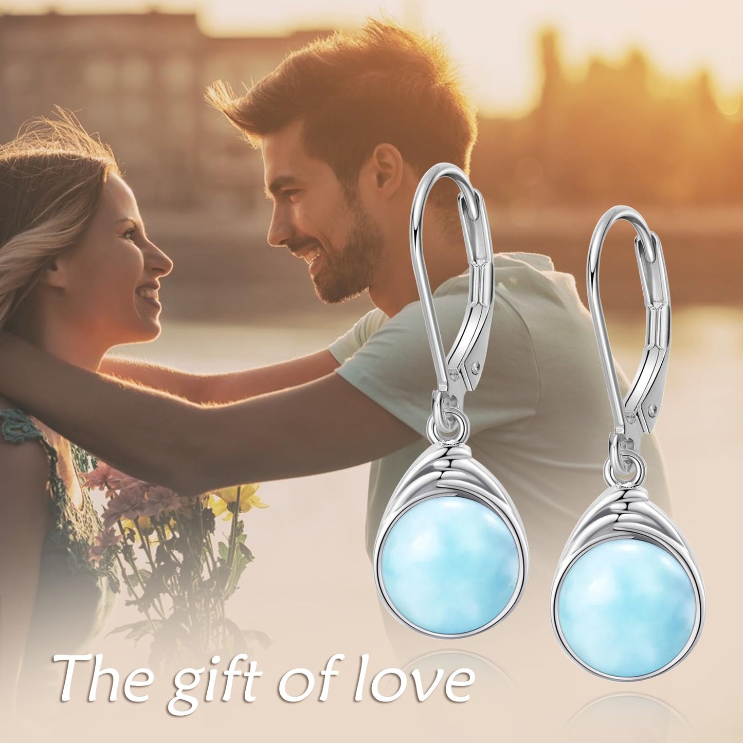 POPLYKE Larimar Earrings Dangle for Women 925 Sterling Silver Leverback Earrings Round Blue Larimar Jewelry Christmas Birthday