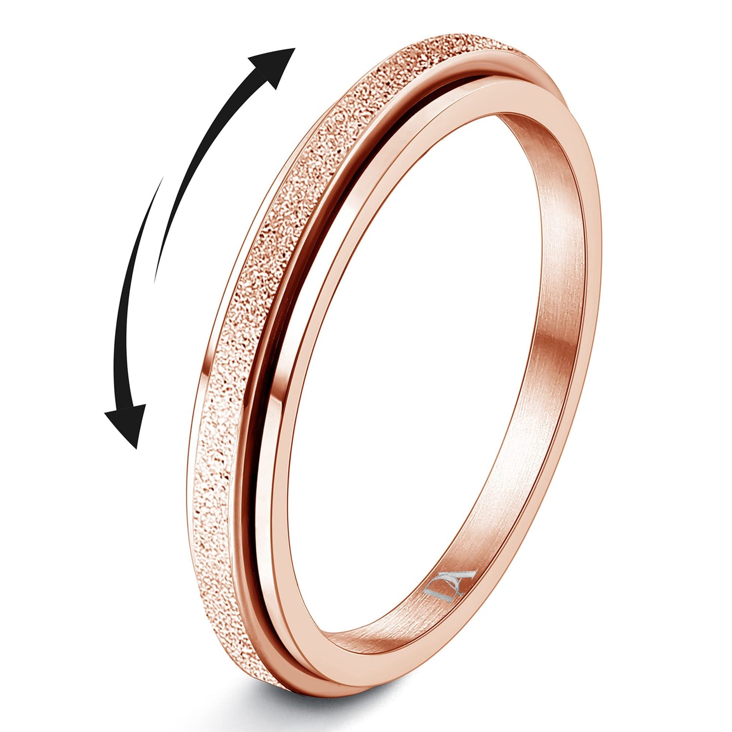 Diamday Fidget Rings for Women Men - 2mm Rose Gold Spinner Stainless Steel Ring for Anxiety Stress Relief Glitter Sandblast Spinning Figit Anxiety Jewelry for Wedding Promise Size 9