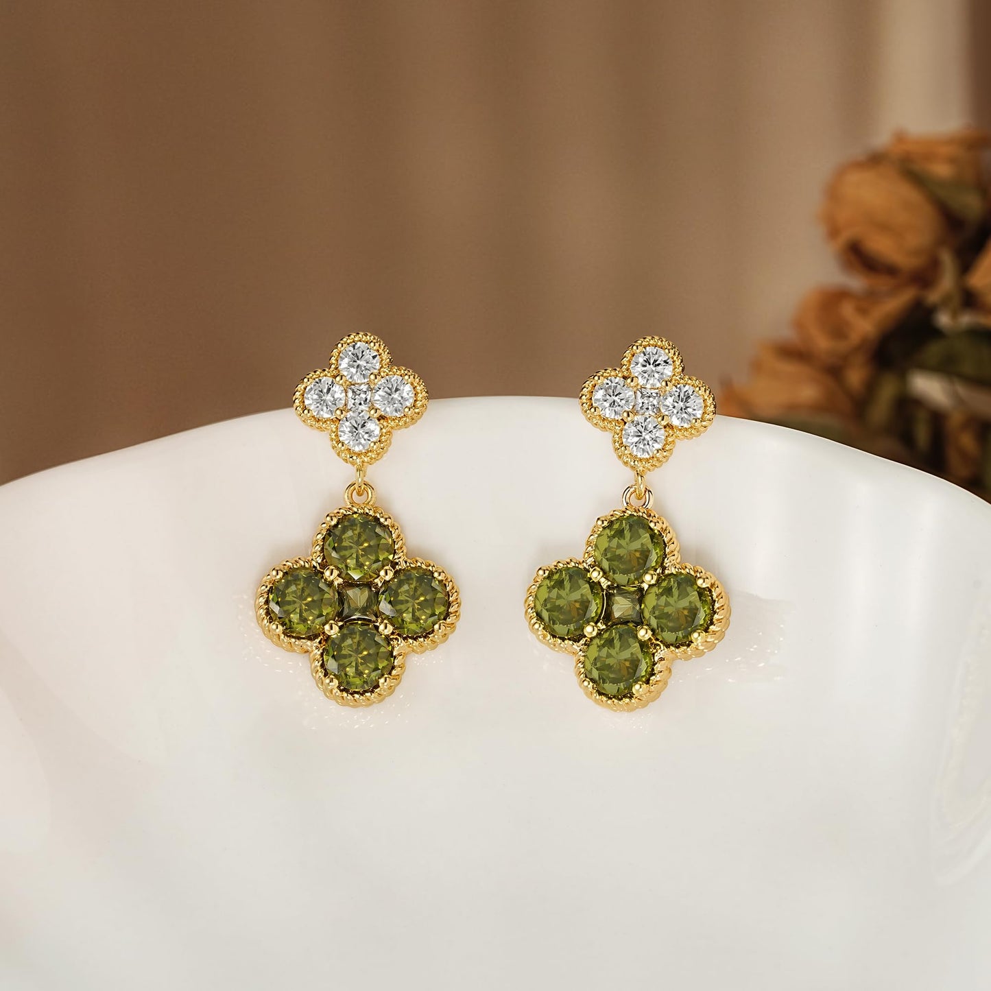 MTMY Dangle Earrings for Women 14K Gold Plated Four Leaf Clover Dangling Drop Birthstone Stud Earrings Trendy Flower Birthstone Jewelry Birthday Gifts(August)