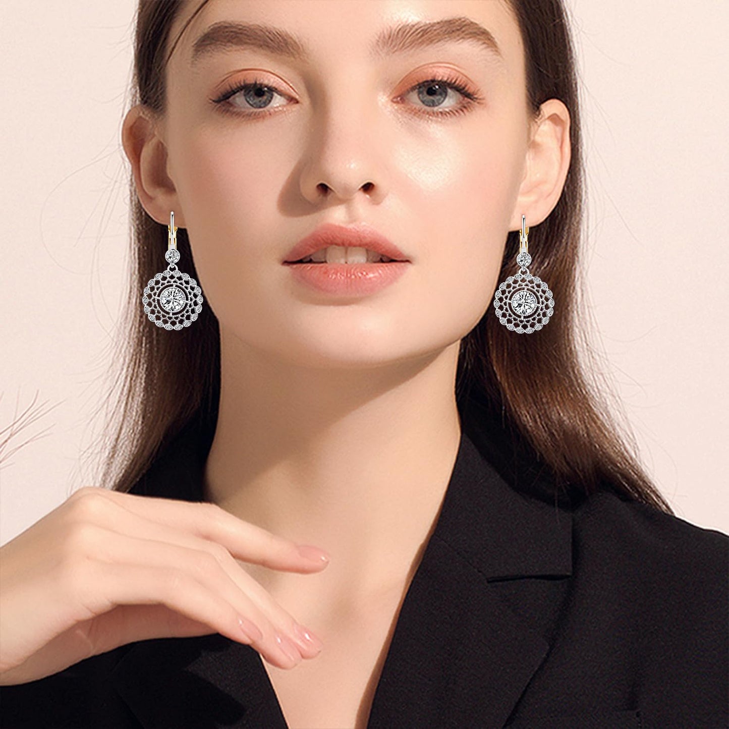 JNONL Vintage Silver Sparkly Crystal Camellia Flower Leverback Earrings Rhinestone Snowflake Round Dangle Drop Earrings for Women (Silver 3)