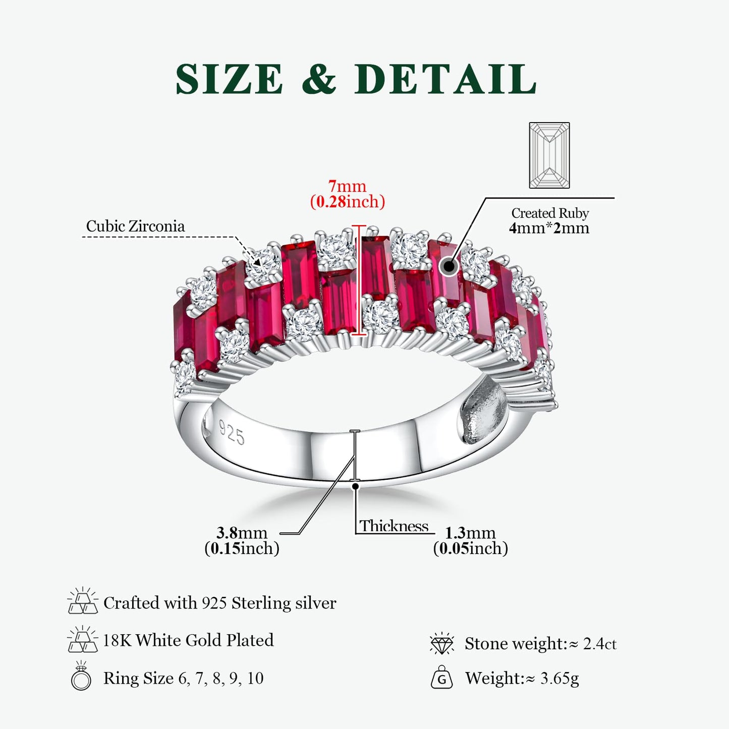 RANDES Cubic Zirconia Band Rings for Women 3 Carat Emerald Cut Engagement Ring Eternity Band Sterling Silver Ruby Ring Baguette Anniversary Rings Size 6