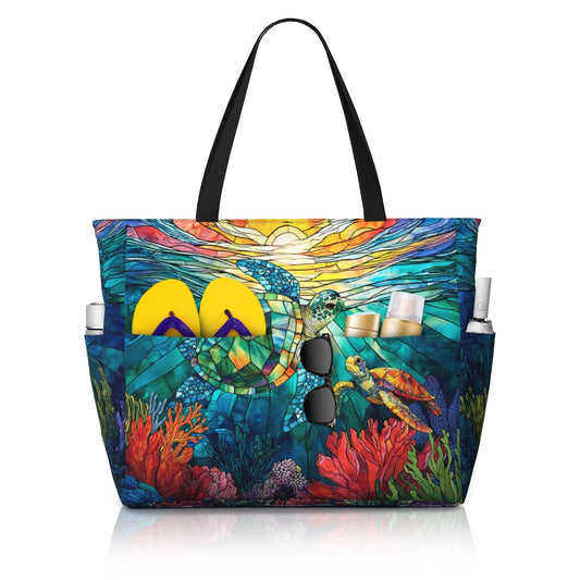 MAHIPOCI Beach Bag Tote Bags Waterproof Sandproof for Women Large Beach Tote Bag Foldable with Pockets for Weekend Vacation (Colorful Turtle, One Size)